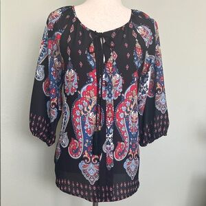 Meraki Black Blouse with Red and Blue Paisley